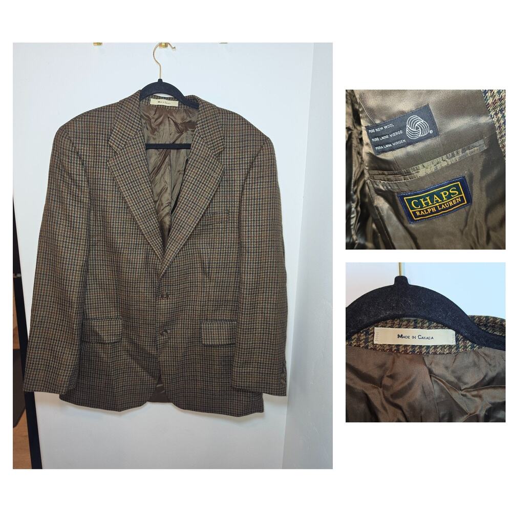 Chaps Ralph Lauren Vtg Men 42R Brown Houndstooth Pure New Wool Sport Coat Blazer